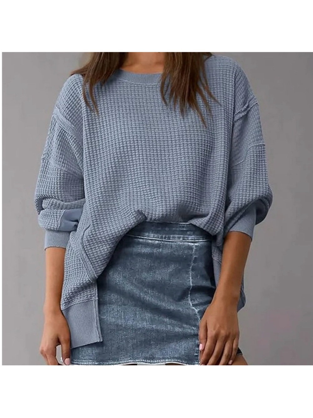 Relaxed Waffle Crewneck Sweater - Dusty Blue